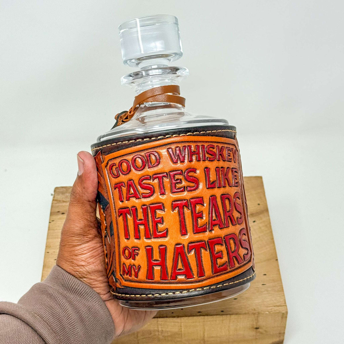 Decanter w/ Tooled Wrap - No. 101 Red Letters on Natural